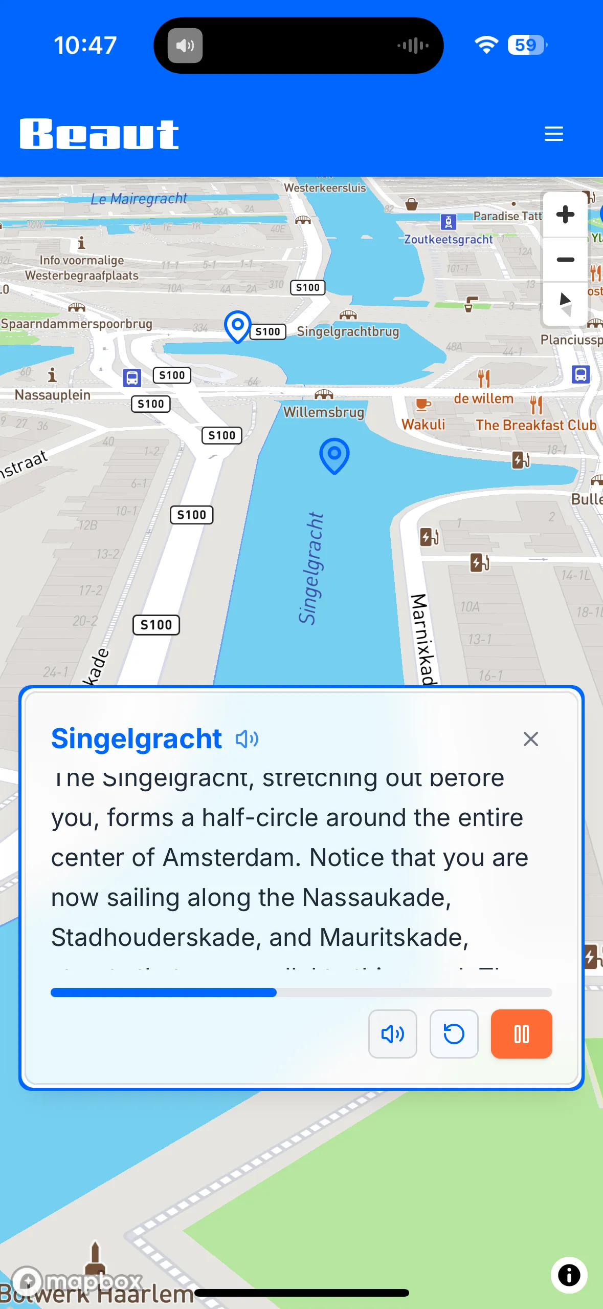 Beaut App Interface - Live audio tour with map and location-based stories